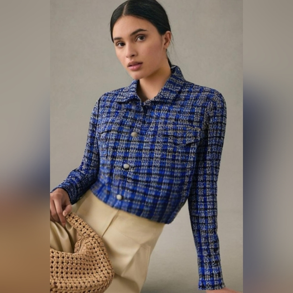 NWT Zara Plaid Blue Multicolored Cropped Button Down Blazer